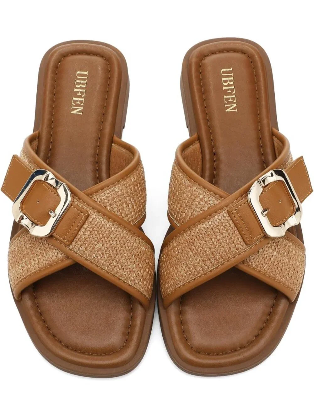 Women's Tan Square Toe Flat Sandals Slides Dressy Comfortable for Casual